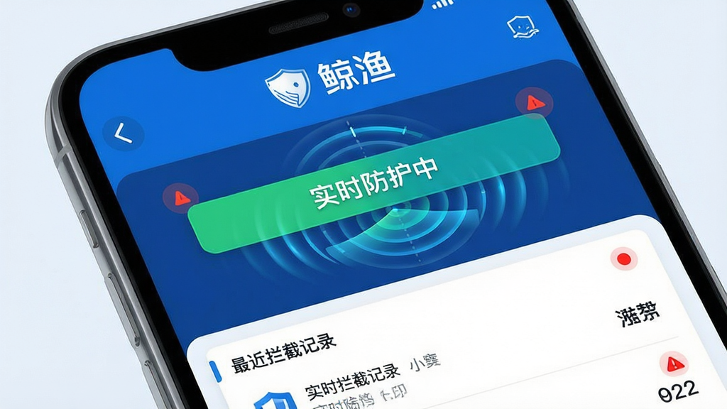 ����Appʵʱ��ȫ��⹦�ܽ��棬��������Ϊ�ֻ���Ļ��ʾ����Ǳ��̣���Ļ�����С�ʵʱ�����С���״̬���Ͷ�̬ɨ�趯�����������Ǳ���ռ����Ҫ�����Ϸ�Ϊ����Logo���·�Ϊ������ؼ�¼�б����Ű����������Ϊ�Ƽ�������ɫ��ϸ����ɨ�貨�ƶ�Ч������ͼ�ꡢ�����ɫСԲ�㣬���ʸ���ɾ����޶���Ԫ��