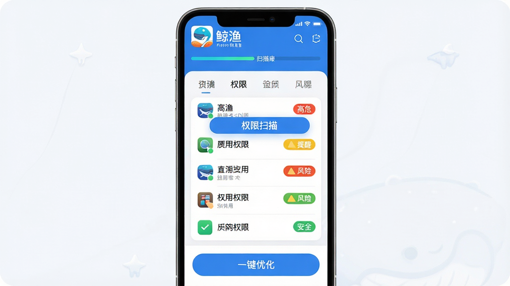 ����App��˽Ȩ�޹ܼҽ��棬��������Ϊ�ֻ���Ļ��ʾȨ�޹����б�����Ļ�����С�Ȩ��ɨ�衱��ť�ͷ����ǩ�������϶���Ϊ����Logo��ɨ����������м�ΪӦ��Ȩ���б�����ɫ���ձ�ǩ���ײ�Ϊ��һ���Ż�����ť���Ű����룬���Ϊ��Լ��Ƭʽ��ƣ�ϸ���Ϻ�ɫ��Σ��ǩ����ɫ���ѱ�ǩ����ɫ��ȫ��ǩ�����ʸ���ɾ����޶���Ԫ��
