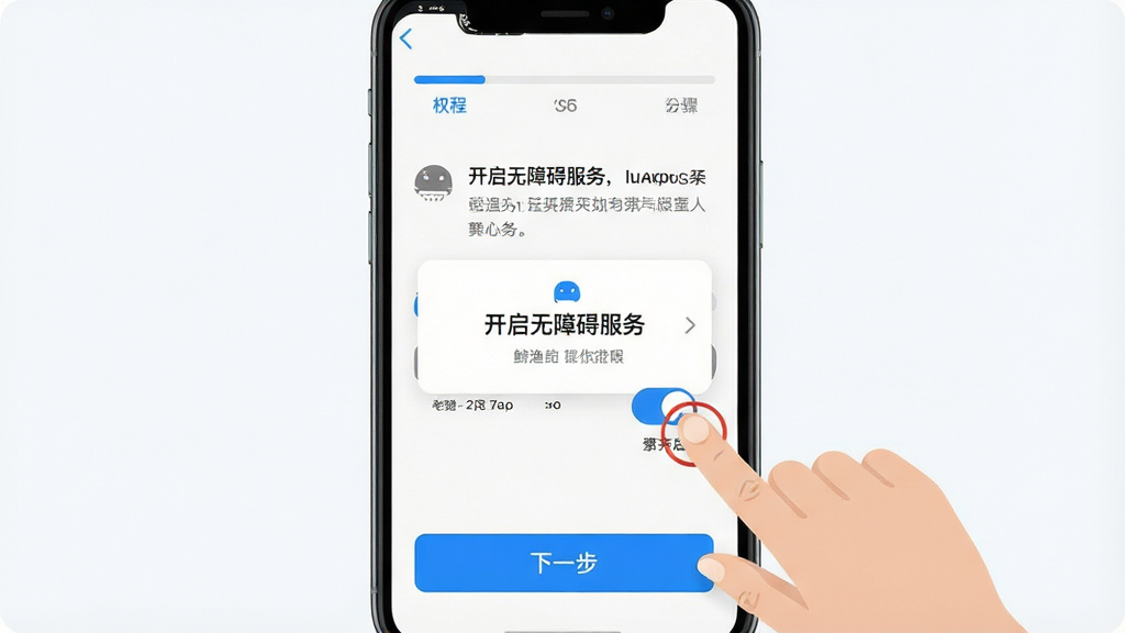 ����App�����������棬��������Ϊ�ֻ���Ļ��ʾȨ�޿������裬��Ļ�����С��������ϰ����񡱵�������������ָ���ʾ��ͼ�������϶���Ϊ������������м�ΪȨ��˵�����ֺͿ��ذ�ť���ײ�Ϊ����һ������ť���Ű����������Ϊ��ƽ������ҳ��ƣ�ϸ������ɫ������ť����ɫ˵�����֡�ͼ���࣬���ʸ���ɾ����޶���Ԫ��