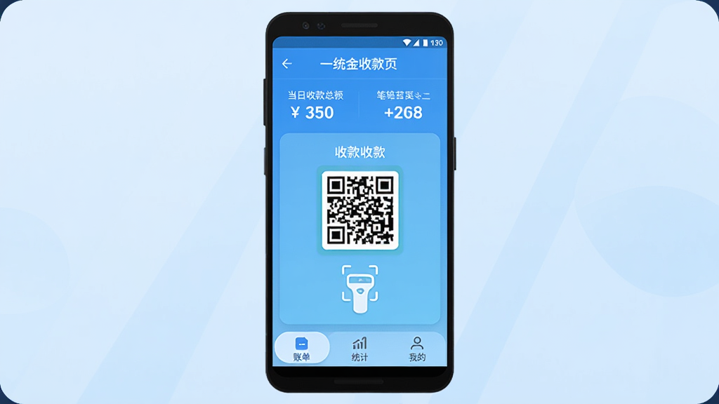 һͳ��App������չʾ������������һ����׿�ֻ�����Ļ����ʾһͳ���տ�ҳ�棬�����е����տ��ܶ�ͱ������м����տ��ά���ɨ��ǹͼ�꣬�ײ�Ϊ�˵���ͳ�ƺ��ҵ�����ѡ�������Ϊǳ��ɫ���䣬����ִ���ƽ��ϸ��Բ�󣬻��ʸɾ����޶���Ԫ��