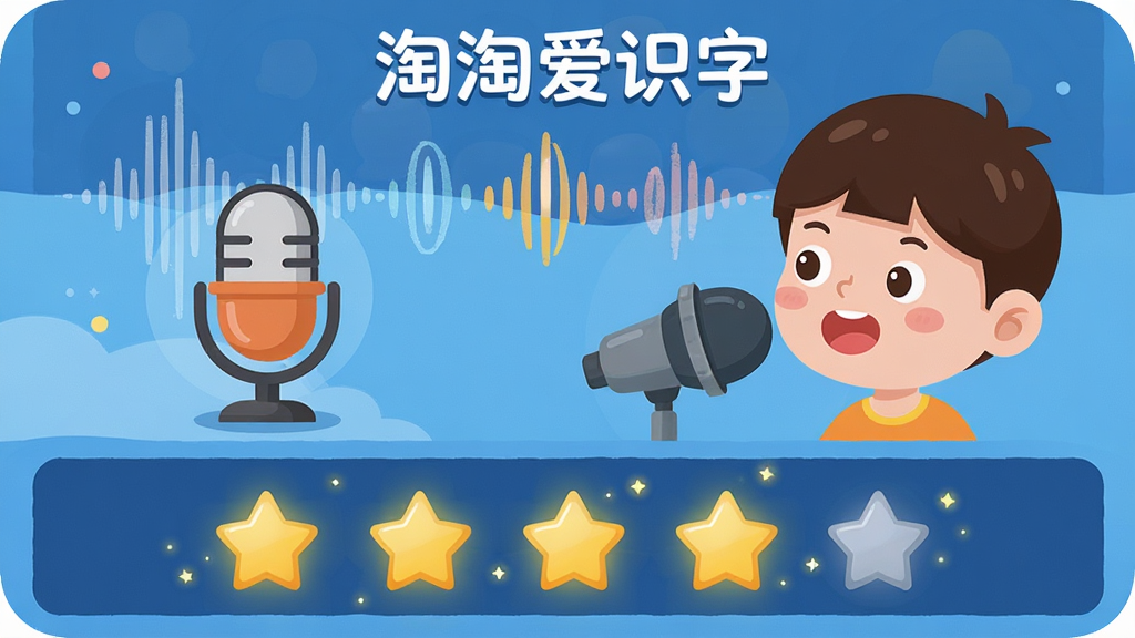 一张展示“淘淘爱识字”语音测评功能的图片。主体是一个卡通麦克风图标,旁边有一个孩子头像正在对着麦克风说话。布局采用上下结构,上方是发音波形图,下方是星星评分显示。排版清晰,风格是卡通扁平风,细节包括声波纹理和星星发光效果。画质干净,画面中标注“淘淘爱识字”文字,无多余元素。