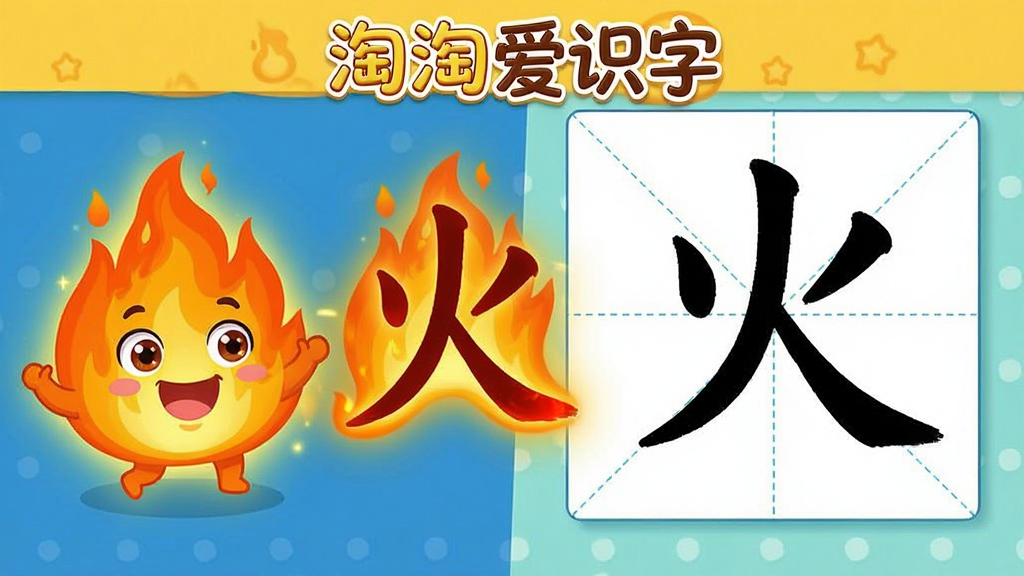 一张展示“淘淘爱识字”趣味互动识字功能的图片。主体是一个卡通火焰动画正在演变成汉字“火”的过程。布局采用左右分镜形式,左边是生动的火焰卡通形象,右边是田字格中“火”字的笔画书写演示。排版简洁,风格是儿童插画风,细节包括发光的效果和可爱的表情。画质干净,色彩鲜艳,画面中标注“淘淘爱识字”文字,无多余元素。