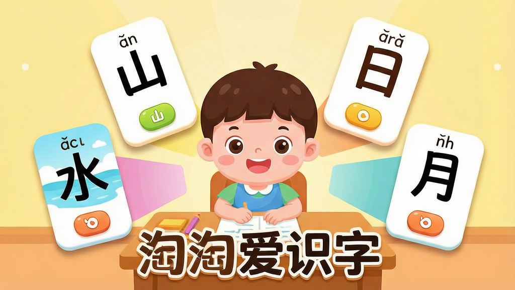 一张展示“淘淘爱识字”应用核心全貌的图片。主体是一个可爱的卡通儿童形象坐在书桌前,面前悬浮着巨大的汉字卡片和拼音字母。布局采用中心辐射式,儿童位于画面中央,周围环绕着汉字“山”、“水”、“日”、“月”的彩色卡片,卡片下方有发音按钮图标。排版清晰,风格是温暖明亮的卡通扁平化插画风,细节包括圆润的按钮和柔和的阴影。画质干净,色彩饱和度高,无多余元素,画面中醒目地标注“淘淘爱识字”文字。