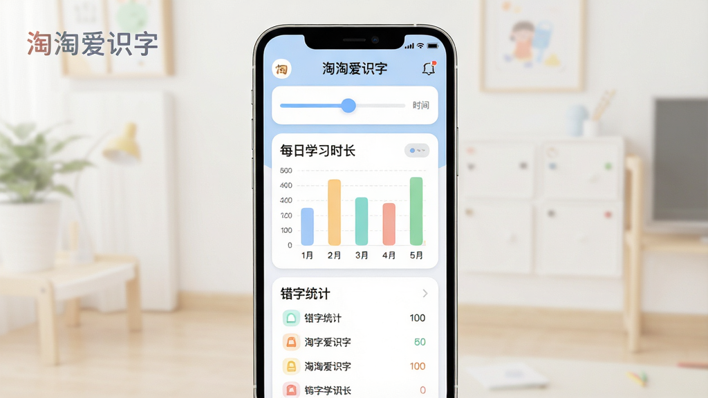 一张展示“淘淘爱识字”家长管控中心的图片。主体是一个手机屏幕界面,显示学习报告图表。布局采用卡片式布局,上方是时间设置滑块,中间是柱状图展示每日学习时长,下方是错字统计列表。排版整齐,风格是简约现代扁平风,细节包括圆角图标和柔和配色。画质干净,画面中标注“淘淘爱识字”文字,无多余元素。