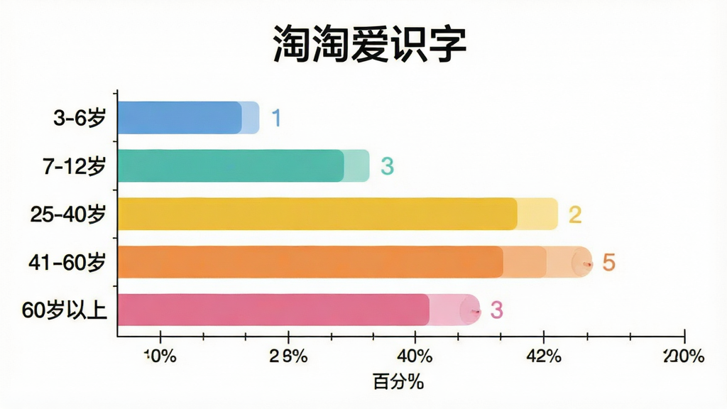一张展示“淘淘爱识字”用户年龄分布的柱状图。主体是柱状图图表。布局采用横向柱状图形式,纵轴标注年龄段“3-6岁”、“7-12岁”、“25-40岁”、“41-60岁”、“60岁以上”,横轴标注百分比。排版简洁,风格是扁平化数据可视化风,细节包括不同颜色的柱子代表不同年龄段。画质干净,画面中标注“淘淘爱识字”文字,无多余元素。