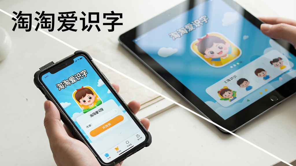 一张展示“淘淘爱识字”在手机和平板上安装使用的场景图。主体是双手拿着手机和平板,屏幕上显示“淘淘爱识字”的安装界面和主界面。布局采用对角线构图,手机在左下,平板在右上。风格是真实生活场景摄影风,细节包括手机壳的纹理和平板屏幕的反光。画质清晰,画面中标注“淘淘爱识字”文字,无多余元素。