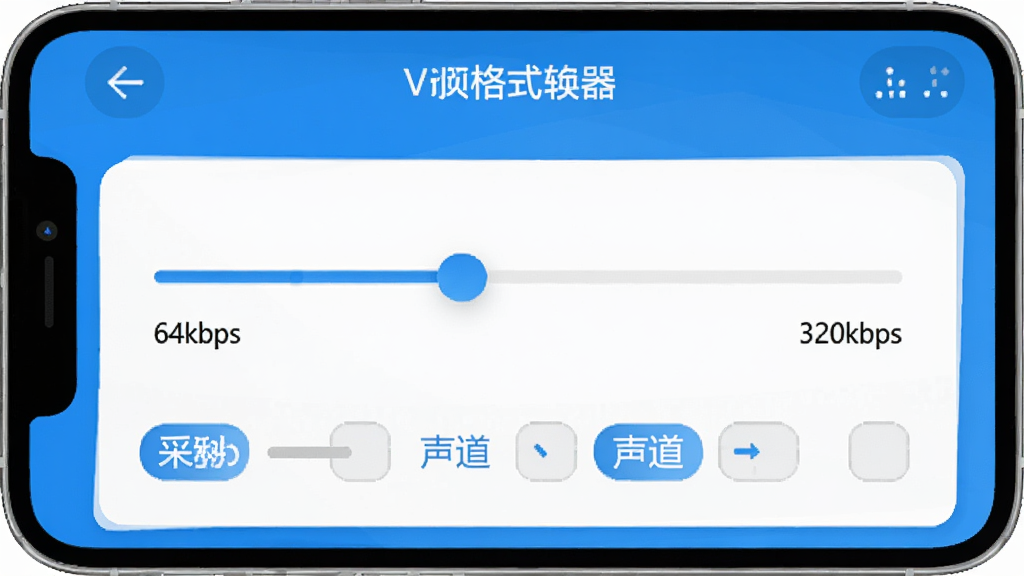 Viwoo音频格式转换器参数设置界面,手机屏幕显示比特率调节滑块,数值从“64kbps”到“320kbps”,下方有采样率和声道选项,界面简洁,蓝白配色,文字标签明确,扁平化设计风格,画质干净无多余元素