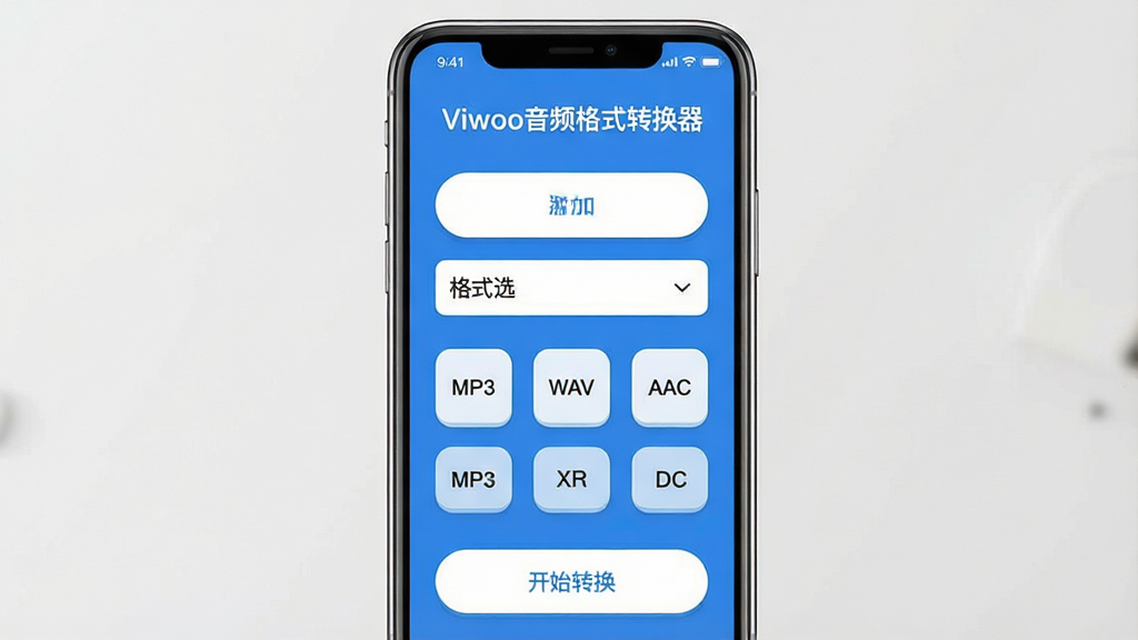 Viwoo音频格式转换器应用主界面展示,画面中央是手机屏幕,屏幕内显示简洁的音频转换工具界面,顶部有“Viwoo音频格式转换器”文字标题,中间是文件添加按钮和格式选择下拉菜单,下方列出MP3、WAV、AAC等常用格式图标,底部是开始转换按钮,整体布局清晰,蓝白配色,扁平化设计风格,细节圆润,画质干净,无多余元素