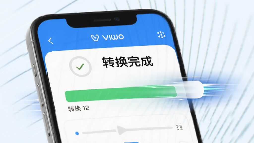 Viwoo音频格式转换器转换速度展示图,手机屏幕显示转换进度条快速走满,上方有“转换完成”提示,背景是简洁的蓝白界面,画面带有速度线效果表示快速,风格现代,画质清晰,无多余元素