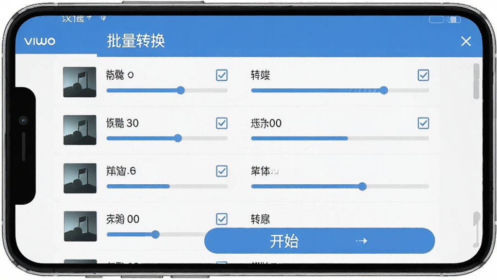 Viwoo音频格式转换器批量处理界面,手机屏幕显示多个音频文件列表,每个文件后面有勾选框和进度条,顶部显示“批量转换”文字,底部有开始按钮,界面布局整齐,蓝白配色,扁平化设计风格,细节清晰,画质干净