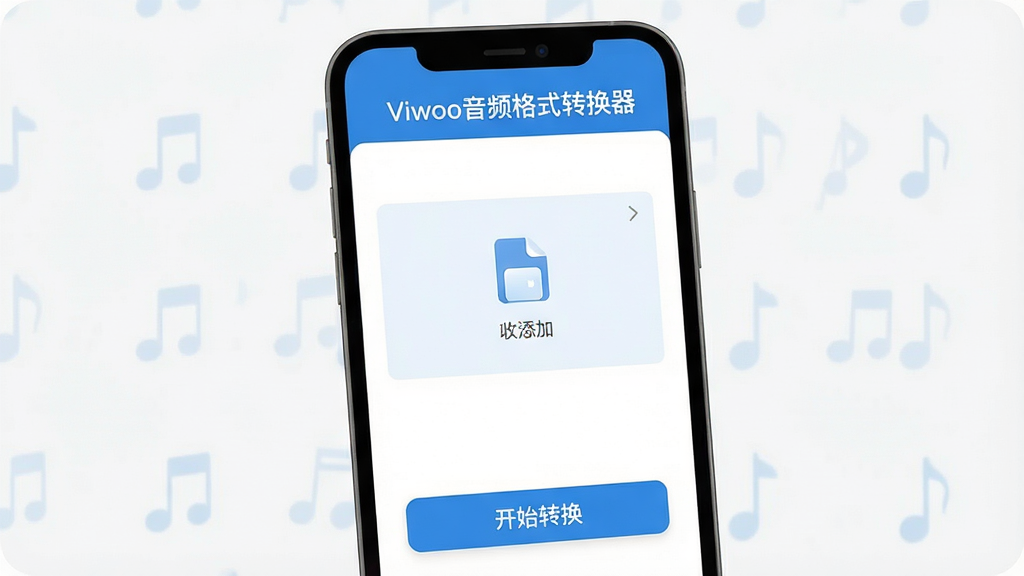Viwoo音频格式转换器清爽界面展示,手机屏幕显示干净的音频转换主界面,没有任何广告横幅或弹窗,顶部有“Viwoo音频格式转换器”文字,中间是文件添加区域,底部是开始转换按钮,整体布局极简,蓝白配色,扁平化设计,画质干净,无多余元素