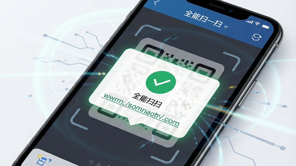一张展示“全能扫一扫”快速识别二维码过程的图片,主体是手机屏幕显示扫码成功的绿色提示框和识别出的网址链接,布局为手机界面特写,排版突出识别结果弹窗,风格为科技感UI风格,细节带有轻微光晕效果,画质干净,无多余元素,高清画质