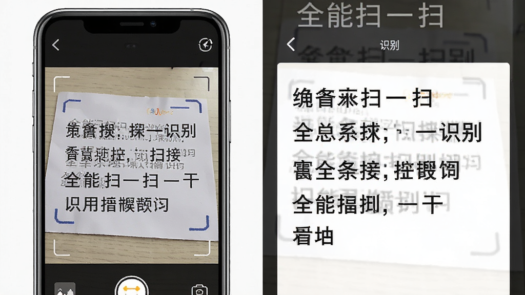 一张展示“全能扫一扫”文字识别功能的图片,主体是手机屏幕左侧显示一张带有文字的照片,右侧显示提取出来的整齐文本,布局为左右对比分屏,排版清晰,风格为实用工具类APP界面风格,细节文字清晰可辨,画质干净,无多余元素,高清画质