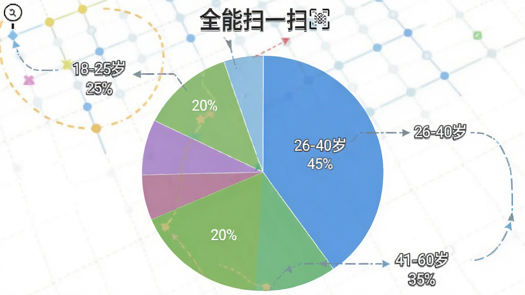 一张展示“全能扫一扫”用户年龄分布饼状图的图片,主体是饼状图,布局为圆形图表,排版显示不同颜色扇形区域,风格为数据可视化图表风格,细节标注了18-25岁占20%、26-40岁占45%、41-60岁占35%的文字标签,画质干净,无多余元素,高清画质