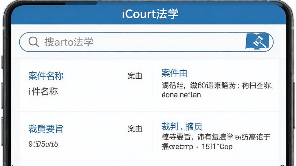 iCourt法学App案例检索结果页面,手机屏幕中展示搜索框和案例列表,每条案例显示案件名称、案由和裁判要旨摘要,顶部有
