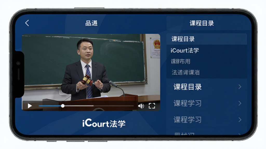 iCourt法学App课程学习界面,手机屏幕中展示视频播放窗口和课程目录列表,视频画面为法律讲师授课场景,下方有