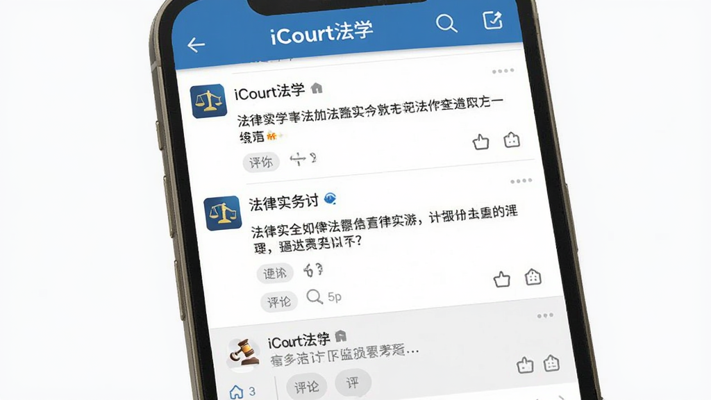 iCourt法学App社区交流界面,手机屏幕中展示帖子列表和评论互动区域,帖子内容为法律实务讨论,顶部有