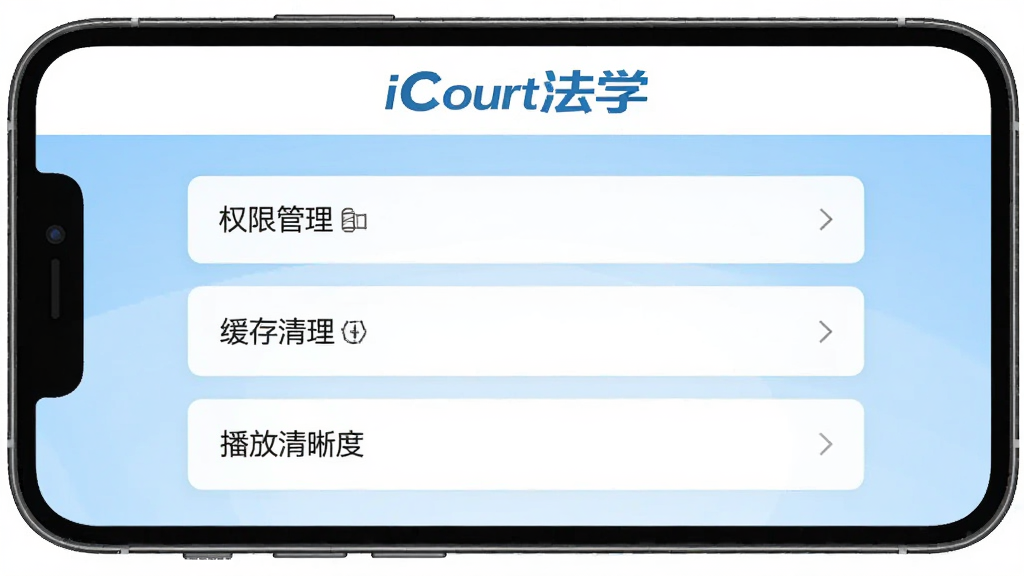 iCourt法学App设置界面,手机屏幕中展示权限管理、缓存清理和播放清晰度选项,顶部有