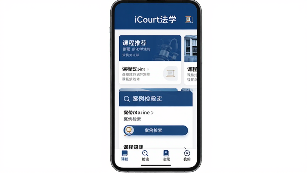 手机屏幕展示iCourt法学App主界面,界面顶部有