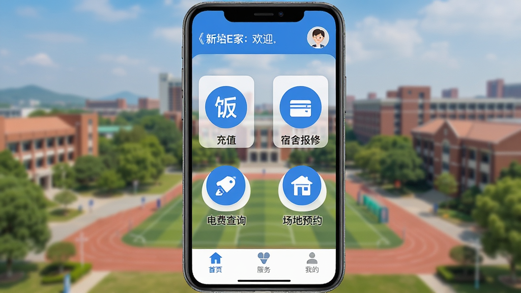新培正E家校园生活服务App主界面截图,手机屏幕展示饭卡充值、宿舍报修、电费查询、场地预约四个大图标入口,背景是大学校园风景的虚化图,顶部显示欢迎语和用户头像,底部为首页、服务、我的三个选项卡,整体风格清新简约,蓝白配色为主,文字清晰,画质干净无多余元素。