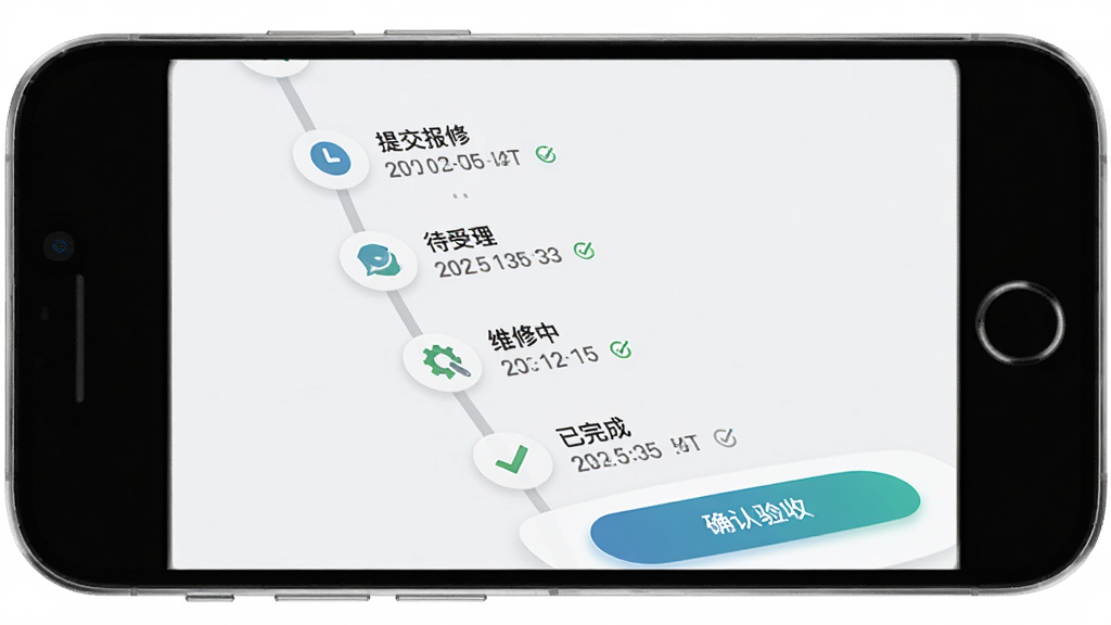 新培正E家报修进度追踪界面,手机屏幕显示一个垂直的时间轴,节点分别是“提交报修”“待受理”“维修中”“已完成”,每个节点旁有对应的时间戳和状态图标,底部有确认验收按钮,背景浅灰色,风格现代扁平,画质干净无多余元素。