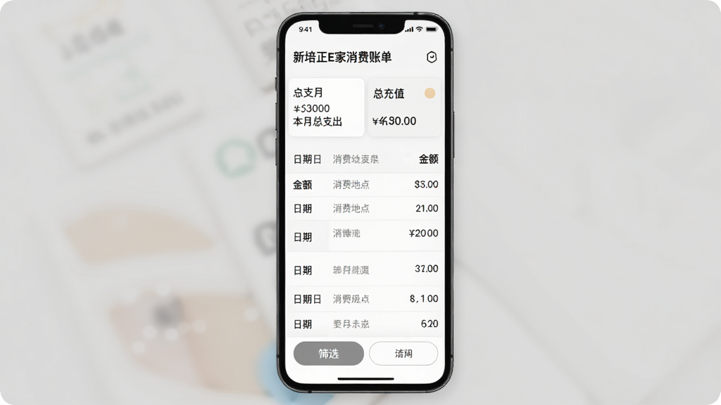 新培正E家消费账单界面,手机屏幕显示一个表格样式的消费记录列表,包含日期、消费地点、金额三列,顶部有本月总支出和总充值卡片,底部有筛选按钮,背景白色,文字黑色和灰色,风格简洁清晰,画质干净无多余元素。