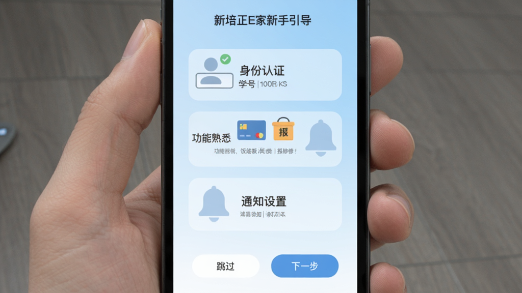 新培正E家新手引导界面,手机屏幕显示三个步骤的引导页,第一步“身份认证”配学号输入框图标,第二步“功能熟悉”配饭卡和报修图标,第三步“通知设置”配铃铛图标,底部有跳过和下一步按钮,背景是淡蓝色渐变,风格简约,画质干净无多余元素。