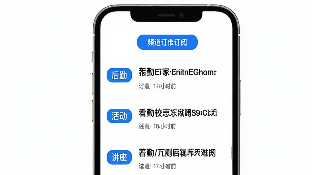 新培正E家校园资讯推送界面,手机屏幕显示一个信息流列表,每条资讯左侧有分类标签如“后勤”“活动”“讲座”,右侧有标题和发布时间,顶部有频道订阅按钮,背景白色,文字黑色和蓝色,风格清爽,画质干净无多余元素。