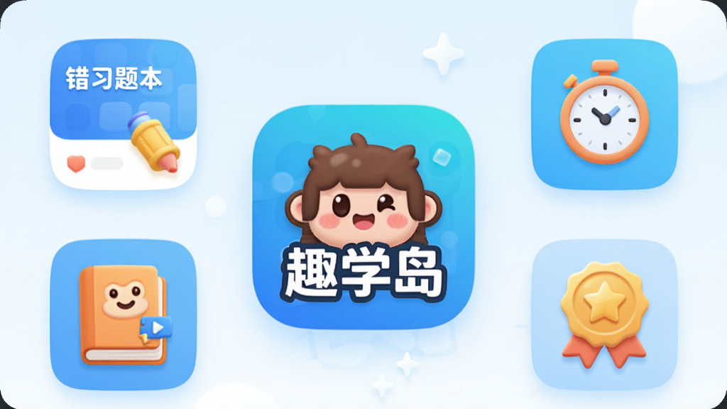 趣学岛APP主界面展示,画面中央是趣学岛应用图标,周围环绕着学习卡片、错题本、计时器、成就勋章等核心功能图标,背景是清新的浅蓝色与白色渐变,整体布局简洁明快,风格现代扁平,细节圆润可爱,画质干净清晰,无多余元素