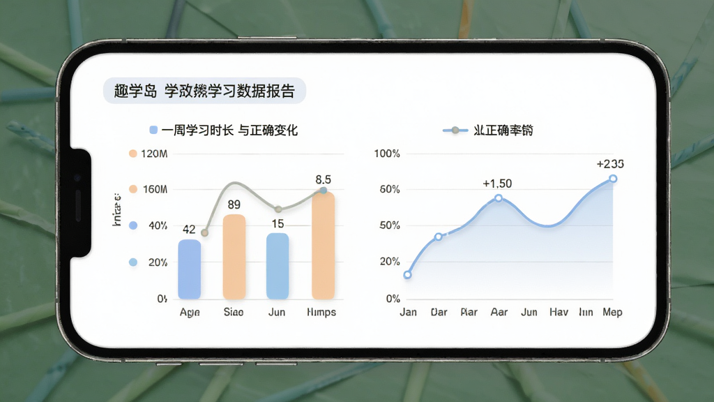 趣学岛学习数据报告界面,手机屏幕显示柱状图和折线图展示一周学习时长与正确率变化,图表颜色柔和,数据标注清晰,背景是干净的白色,风格现代商务,画质干净无多余元素