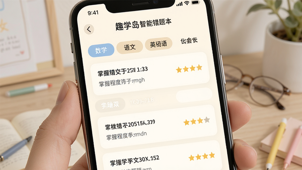 趣学岛智能错题本界面,手机屏幕中显示错题列表按数学、语文、英语等学科标签分类,每道错题旁有掌握程度星级标记,背景是柔和的米白色,布局清晰,风格简约清新,画质干净无多余元素