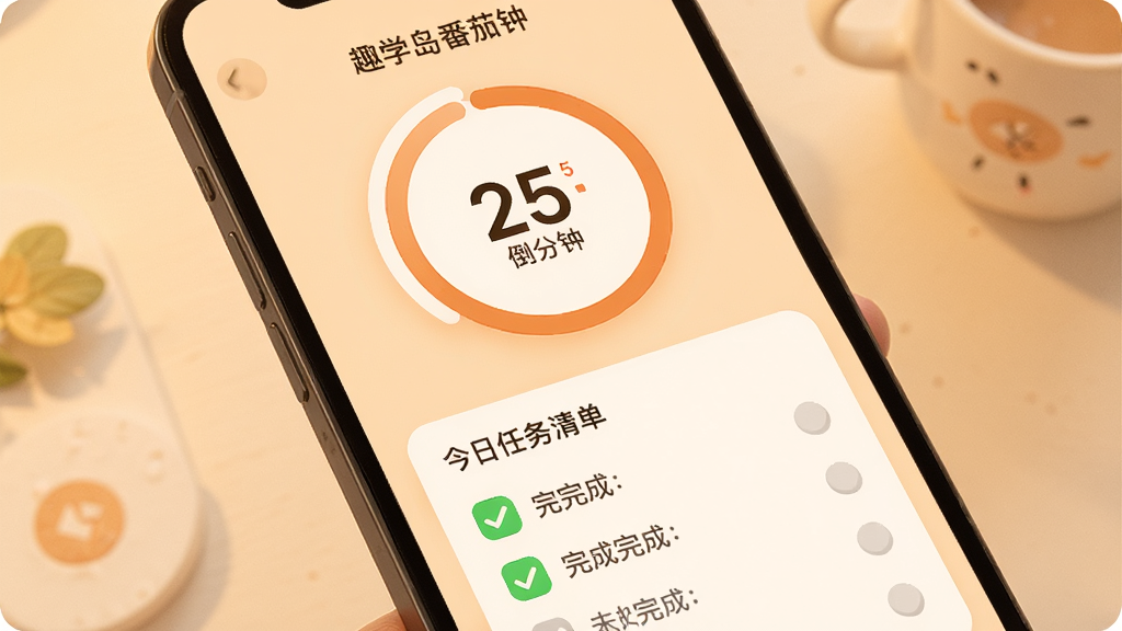 趣学岛番茄钟功能界面,手机屏幕显示25分钟倒计时圆环,下方是今日任务清单,已完成的任务打勾显示绿色,未完成的任务显示灰色,背景是温暖的浅橙色,风格温馨治愈,细节精致,画质干净无多余元素