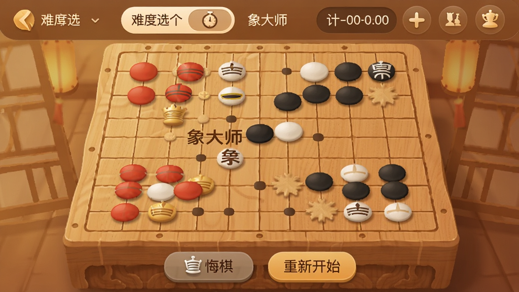 一张手机屏幕截图风格的图片,展示“象大师”的对弈界面,木质纹理的棋盘上摆放着红黑棋子,屏幕上方显示难度选择和计时器,下方有悔棋和重新开始按钮,整体色调温暖,UI布局清晰,风格现代扁平,细节圆润,画质干净无多余元素
