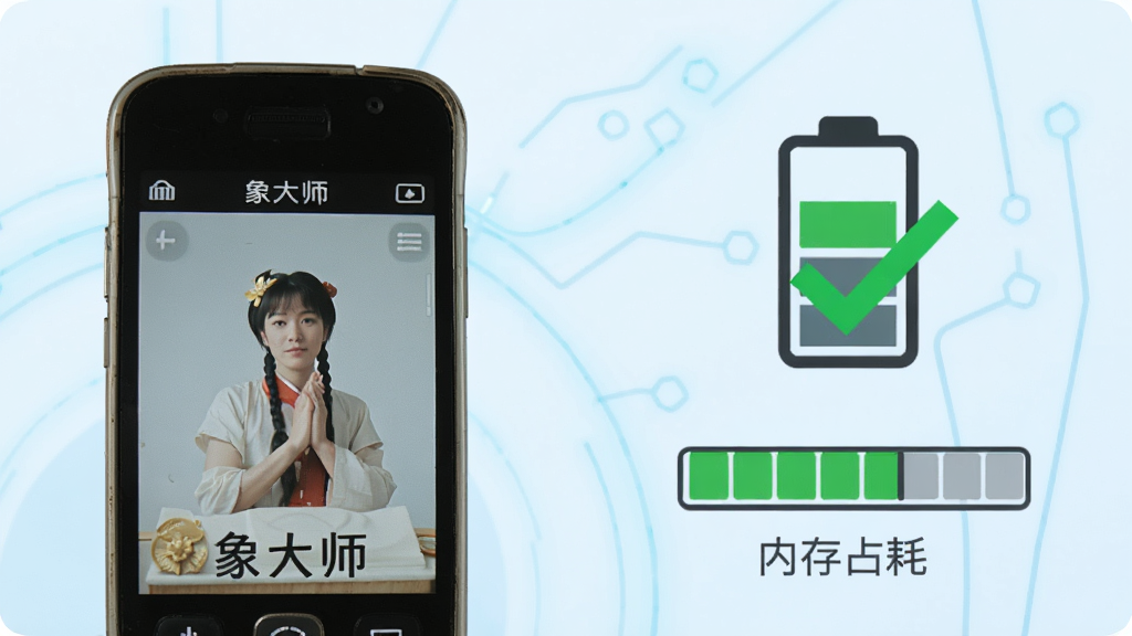 一张展示手机性能对比的示意图,左侧是一部老旧手机流畅运行“象大师”的画面,右侧是电池图标和内存占用条,用绿色对勾表示低消耗,背景是淡蓝色科技线条,风格简约信息图,画质干净,无多余元素