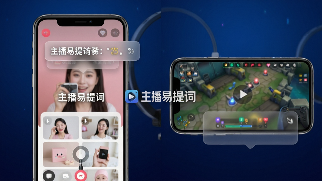 分屏展示手机在不同直播场景下的使用画面,左侧为竖屏直播带货场景,右侧为横屏游戏直播场景,两个画面中均清晰显示半透明悬浮提词窗口,窗口内文字滚动。画面中央有“主播易提词”的logo水印。整体风格为科技感产品展示图,背景为深蓝色渐变,细节包括手机边框的金属质感、悬浮窗的毛玻璃效果。画质干净,无多余元素。