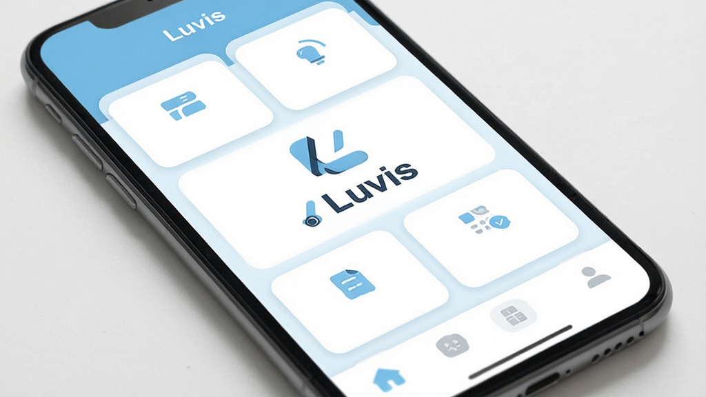 һ���ֻ���ĻչʾLuvis�����������ͼƬ������������Luvis��logo�����ơ�Luvis����������ǳ���Ͱ�ɫΪ��ɫ����������ʾ�������ƣ��м��ǹ�����ڿ�Ƭ�������룬�ײ��ǵ����������������ִ���ƽ����ϸ��Բ��ɾ������ʸ����޶���Ԫ��