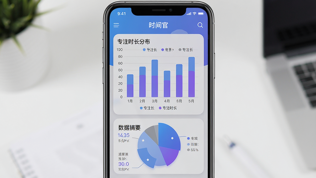 һ��չʾ��ʱ��١�App����ͳ��ҳ����ֻ�����ͼ������Ϊ�ֻ���Ļ��ʾ��״ͼ�ͱ�״ͼ��ͼ��չʾרעʱ���ֲ����·�������ժҪ���֣�����Ϊ���½ṹͼ����ժҪ��ϣ����Ϊ���ݿ��ӻ������ɫ����ɫ����ɫ�ͻ�ɫΪ����ϸ�ڰ���������ͼ����Բ���ͼ����Ե�����ʸ��壬�ɾ��޶���Ԫ�ء�