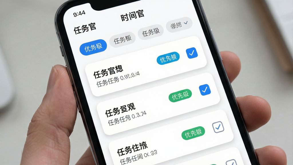 һ��չʾ��ʱ��١�App�����嵥����������ֻ���ͼ������Ϊ�ֻ���Ļ��ʾ�����б����б�������������ơ����ȼ���ǩ�͹�ѡ�򣬶����з���ɸѡ��ǩ������Ϊ��ֱ�б�ʽ�����Ϊ��ˬ��Ƭʽ��ƣ���ɫ�԰�ɫ����������ɫ����ɫ��ǩ��ϸ�ڰ���Բ�ǿ�Ƭ��΢�����Ӱ�����ʸ��壬�ɾ��޶���Ԫ�ء�
