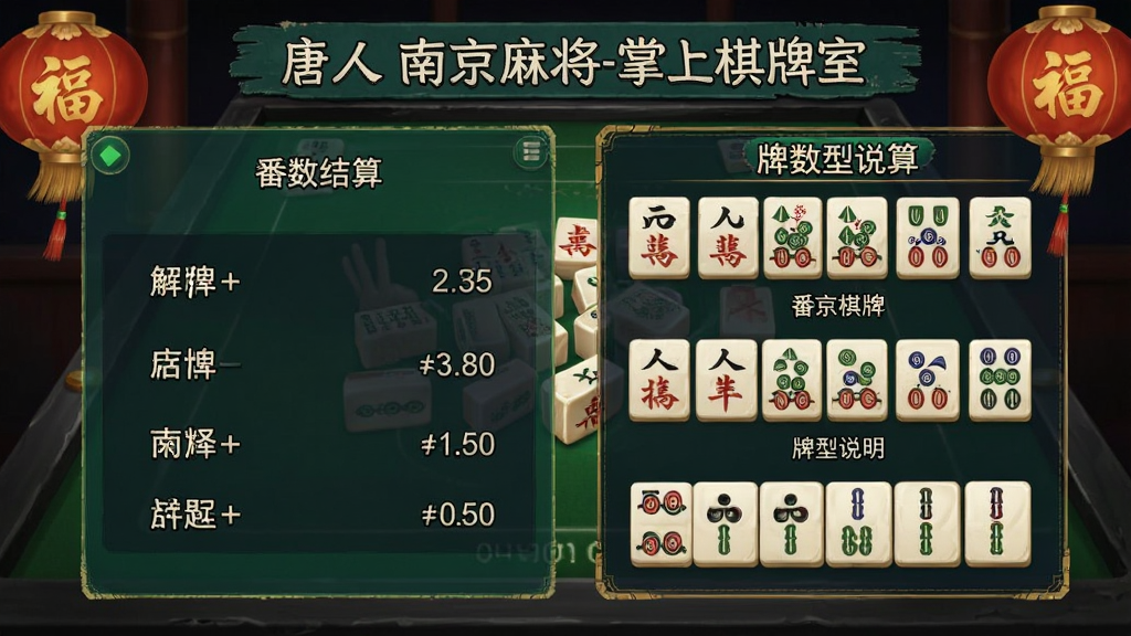 唐人南京麻将-掌上棋牌室 番数结算界面和牌型说明