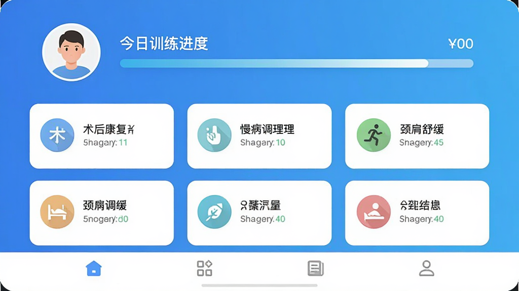 ��ҽ���� ���������� չʾ����ѵ���ƻ��б� ��ɫ���䱳�� ��Ƭʽ���� ������ʾ�û�ͷ��ͽ���ѵ������ �м��������󿵸� �������� �����滺��ѵ��ģ��ͼ�� �ײ����������� ����ִ���Լ ���ʸɾ��޶���Ԫ��