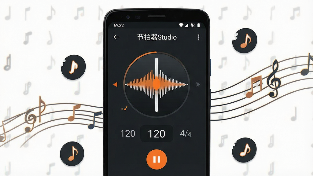 һ��չʾ��������Studio��������������ֻ�Ӧ�ý�ͼ���ͼƬ������������һ��������׿�ֻ����ֻ���Ļ��������ʾ��������Studio���Ľ����������棬�����ڴ��������ٶ���ֵ120���ĺ�4/4����ʼֹͣ��ť���������ִ�����ɫ�������ɫǿ��ɫ���ֻ���Χɢ��������ͼ��ͽ�������װ�Σ�������ɾ�רҵ�������������޶���Ԫ��