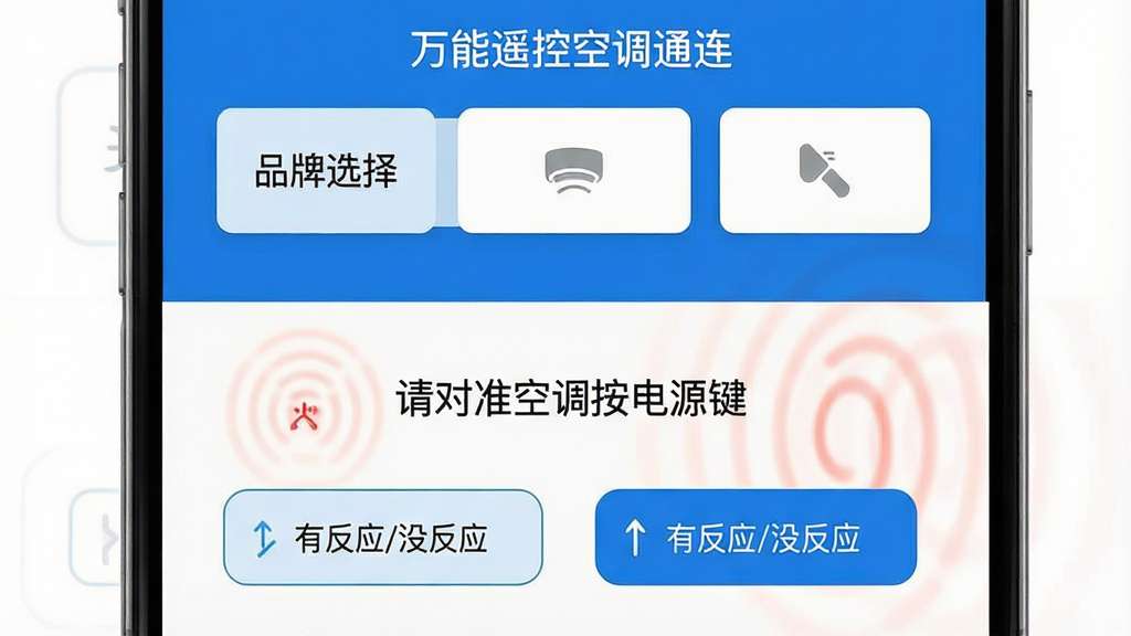 一张手机界面截图风格图,画面展示“万能遥控空调通连”的智能匹配流程,手机屏幕分为上下两部分,上半部分是品牌选择列表,下半部分是“请对准空调按电源键”的提示和“有反应/没反应”两个大按钮,背景有微弱的红外信号波纹扩散,风格简洁直观,配色以蓝白为主,文字清晰,画质干净无多余元素