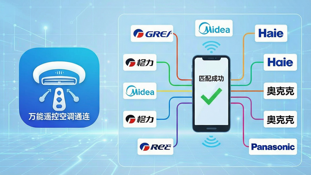一张信息图风格的画面,画面左侧是“万能遥控空调通连”的软件图标,右侧展开一张巨大的虚拟红外码库网络图,上面标注着格力、美的、海尔、奥克斯、松下等品牌Logo,用彩色线条连接到中间的手机图标上,手机屏幕显示“匹配成功”的绿色对勾,背景是淡蓝色科技感网格,风格干净现代,文字清晰,画质锐利无杂乱元素