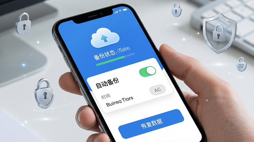 一张展示霄客云数据安全备份功能的图片,主体是手机屏幕显示数据备份设置页面,布局为顶部云朵图标和备份状态,中间是自动备份开关和备份时间选项,底部是恢复数据按钮,排版简洁安全,风格为安全防护风格,细节锁形图标和盾牌图标精致,画质干净无多余元素。