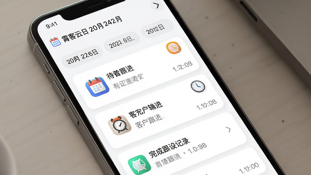 一张展示霄客云跟进提醒功能的图片,主体是手机屏幕显示跟进提醒列表,布局为顶部日期分组,中间是待跟进客户卡片带有时间标记,底部是已完成跟进记录,排版层次分明,风格为效率工具风格,细节日历图标和时钟图标精致,画质干净无多余元素。