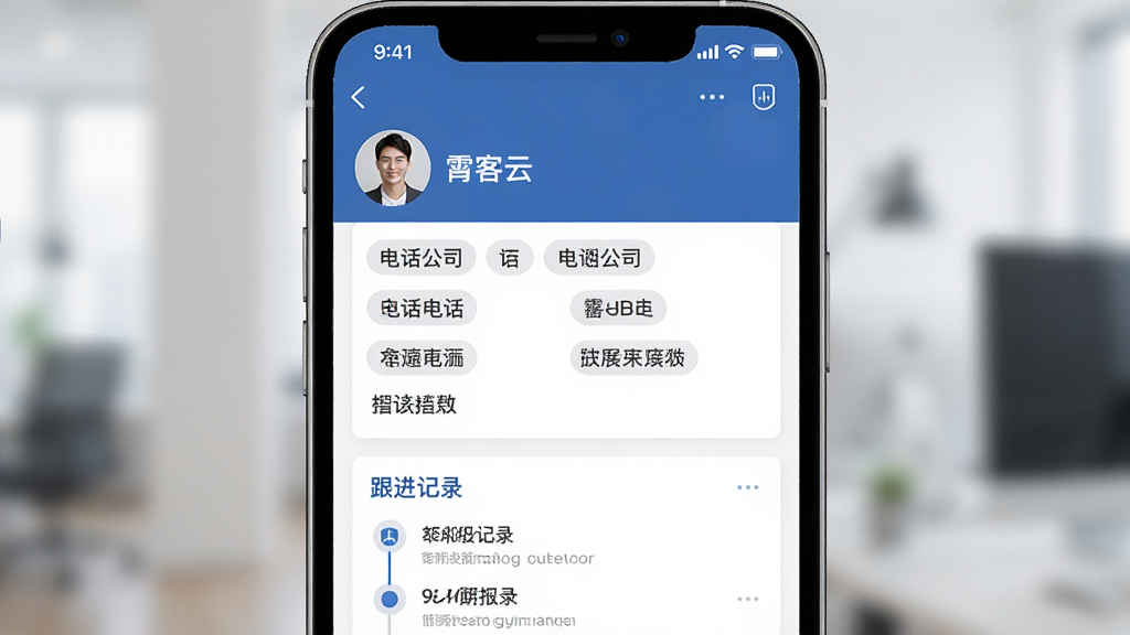 一张展示霄客云客户资料管理功能的图片,主体是手机屏幕显示客户信息详情页,布局为顶部客户头像和姓名,中间是电话公司标签等字段排列整齐,底部是跟进记录时间轴,排版清晰有序,风格为商务简洁风,细节图标统一,画质干净无多余元素。