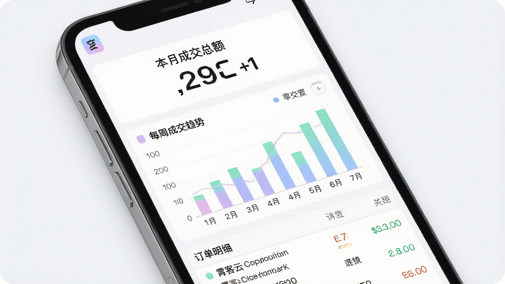 一张展示霄客云订单统计功能的图片,主体是手机屏幕显示订单数据看板,布局为顶部本月成交总额大字显示,中间是柱状图展示每周成交趋势,底部是订单明细列表,排版数据可视化清晰,风格为数据分析风格,细节图表颜色柔和,画质干净无多余元素。