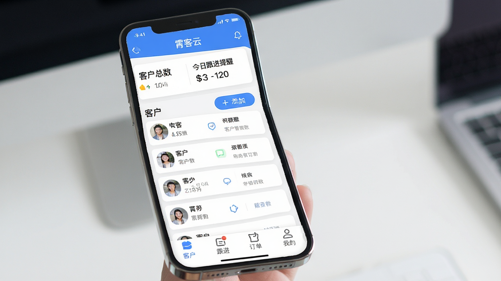 一张展示霄客云客户管理软件核心界面的图片,主体是手机屏幕显示霄客云应用主界面,布局为顶部显示客户总数和今日跟进提醒,中间是客户列表卡片和添加按钮,底部是客户、跟进、订单、我的四个选项卡,排版整洁清晰,风格为现代扁平化设计,细节圆润图标精致,画质干净无多余元素。