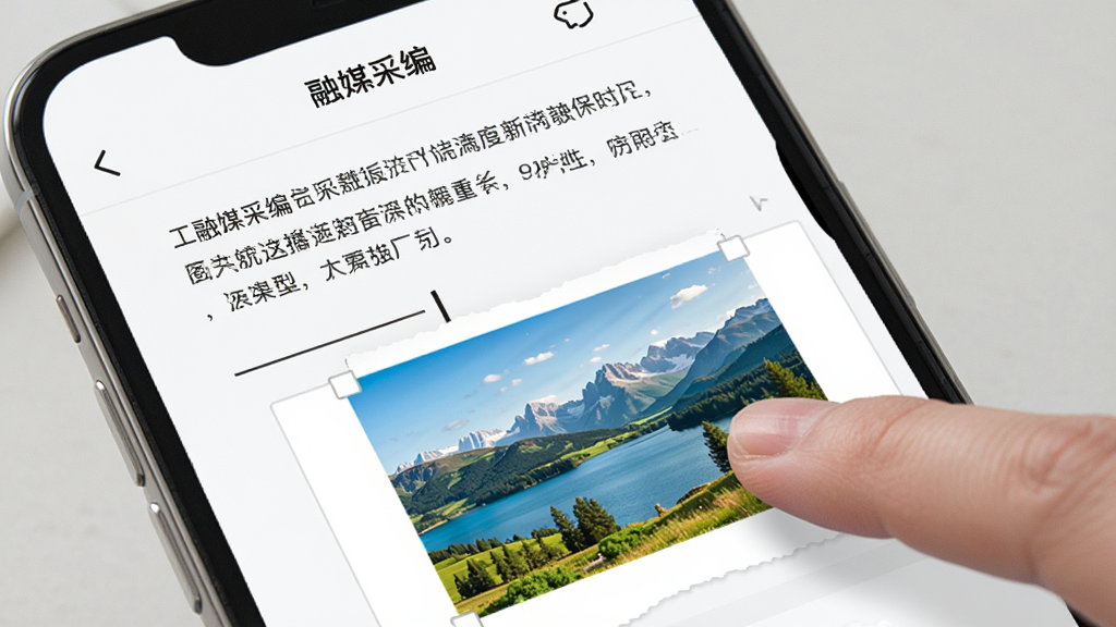 一张手机界面截图,展示“融媒采编”APP的图文编辑界面,画面中有文字段落、一张插入的风景图片和一个分割线,手指正在拖拽图片调整位置,界面清晰明亮,风格简洁,画质干净