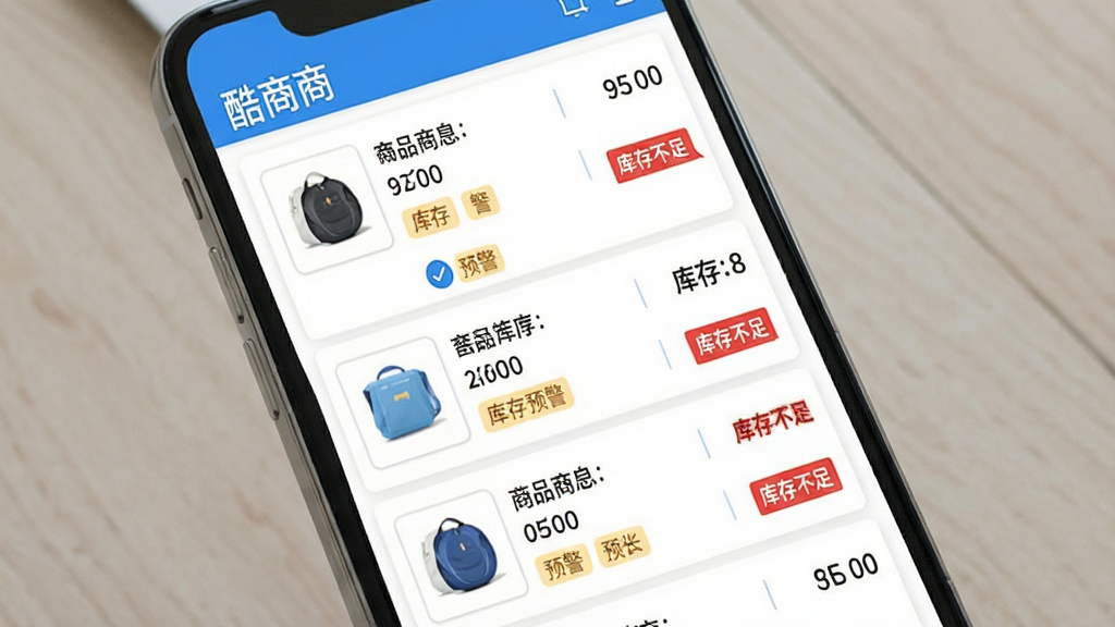酷商库存管理界面展示,主体为手机屏幕,屏幕中央显示商品列表,每个商品条目包含商品图片、名称、库存数量和预警标签,部分商品显示红色“库存不足”提示,布局为纵向列表,风格简洁商务,白色背景,蓝色强调色,画质干净,无多余元素。